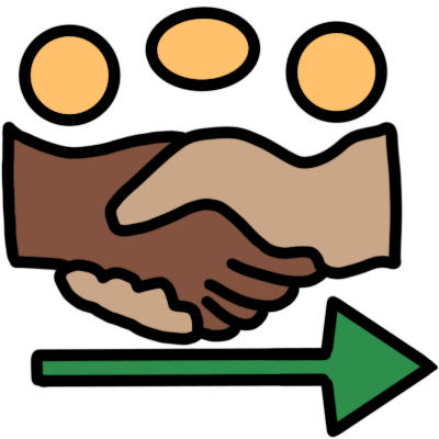 three gold circles, representing coins, above two hands in a handshake. the hand on the left is brown, and the hand on the right is beige. below the handshake is a green arrow pointing to the right.